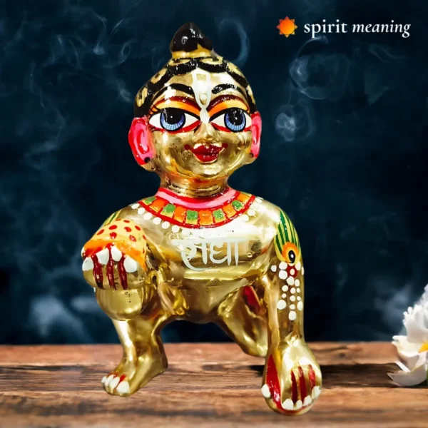 RADHA NAAM PAINTED LADDU GOPAL PURE BRASS DEITY _ HEIGHT 6 INCH