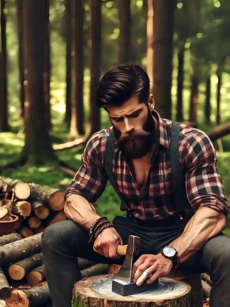 WOOD CUTTER SHARPENING HIS AXE