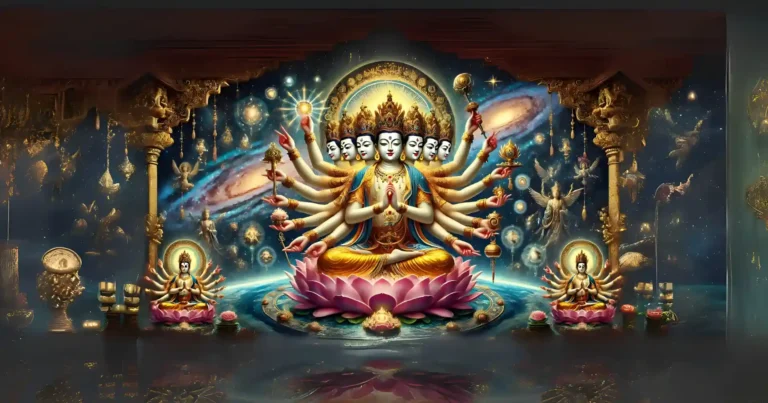 a radiant depiction of avalokiteshwara buddha seated on a glowing lotus throne that floats above a cosmic ocean. the deity is shown with multiple serene faces and numerous extended arms, each holding sacred objects like a lotus, prayer beads, and a jewel. the background merges a galaxy-studded sky with luminous nebulae and celestial lights, symbolizing infinite compassion and wisdom. the scene is painted with vivid hues of gold, turquoise, and indigo, with divine energy radiating outward, creating an awe-inspiring and otherworldly atmosphere.