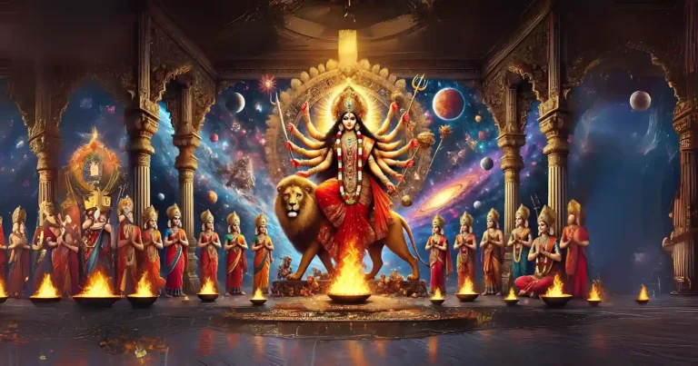 a surreal and powerful depiction of goddess durga standing majestically on a lion against a cosmic multiverse background. dressed in a radiant red saree adorned with golden ornaments, she wields eight divine weapons, including a sword, trident, and bow, emanating immense divine energy. a vibrant sacrificial fire burns below her, symbolizing transformation and purity, surrounded by devotees in reverence. the cosmic setting intertwines material and spiritual realms, evoking awe and reverence