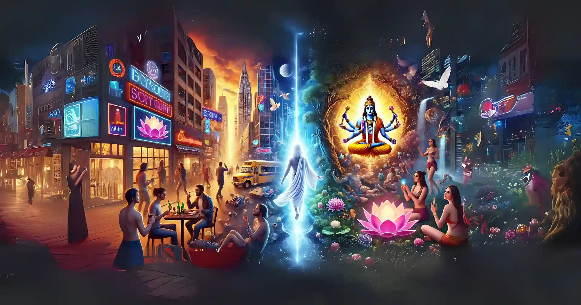 a surreal image showing the contrast between a chaotic urban scene of people indulging in fleeting joys and a serene guru standing in a divine garden, holding a glowing lotus with a radiant sanatana dharma devata like lord vishnu in the background. the visual symbolizes the journey from material distractions to spiritual happiness through the guidance of a guru and divine connection.