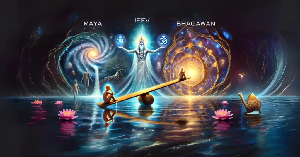 "a surreal image illustrating bhagawan radiating light above, maya manipulating a see-saw of life, and a contemplative jeev caught in the cycle of highs and lows, symbolizing the interplay of divine truth, illusion, and spiritual journey.