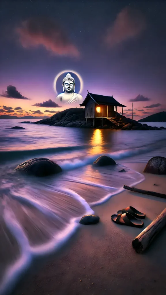 a twilight island scene with ocean waves rising and falling against rocks, a small glowing hut with everyday objects nearby, and a radiant amitabha buddha figure in the distant sky, symbolizing the interconnected rhythms of life and the path to enlightenment.