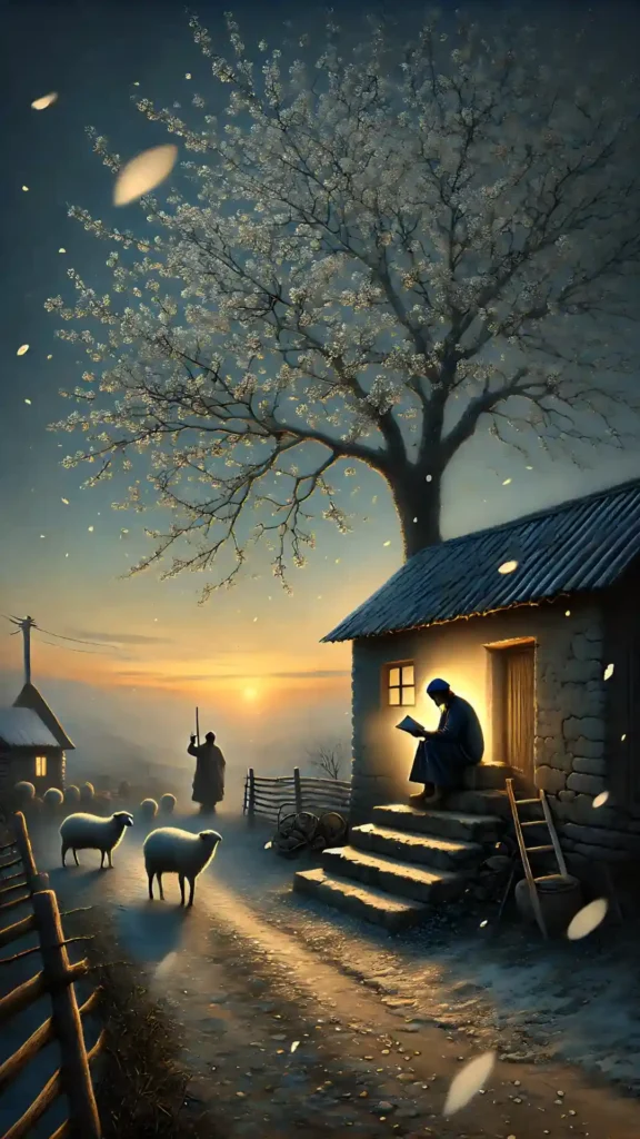 a serene village scene at dusk with a person sitting on stone steps, holding a journal and pen in quiet observation, a flowering tree shedding petals, and a shepherd leading sheep in the distance, symbolizing the cycles of life and deeper realities of non-birth and non-death.