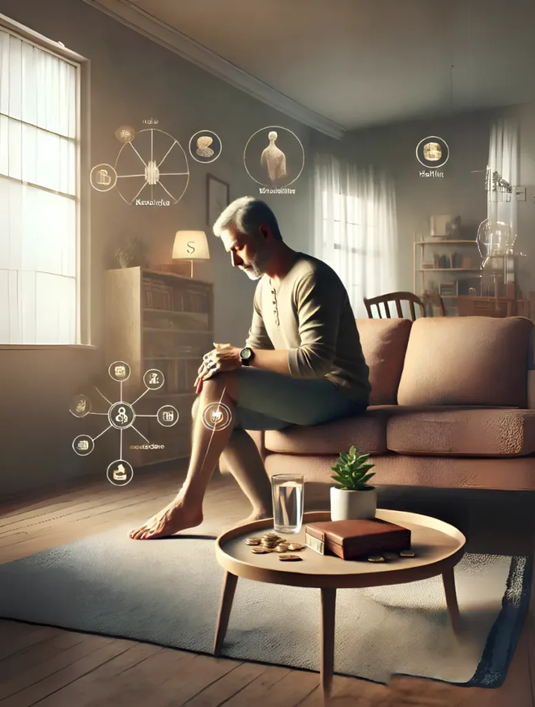 a middle-aged person sits in a living room massaging their leg, surrounded by a pile of books, a wallet with coins, and a tray with water and medication, symbolizing the interconnected importance of health, wealth, and knowledge in daily life