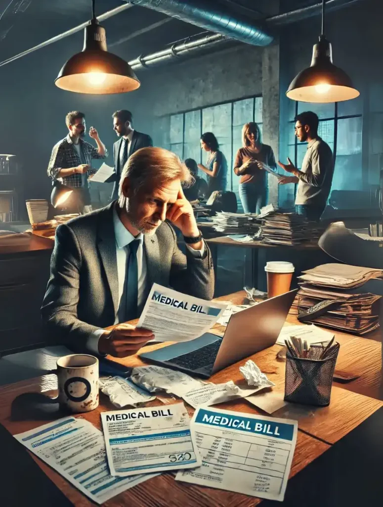 a stressed worker sits at a cluttered office desk, glancing at a medical bill and resignation letter, while younger colleagues engage in discussions, reflecting the pressures of job insecurity, competition, and financial challenges in today's world