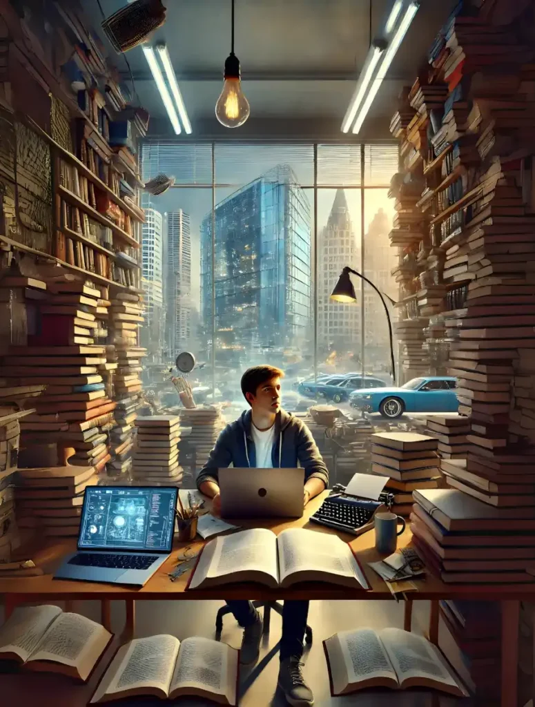 a busy classroom scene with a young adult surrounded by books on science, mathematics, and technology, symbolizing material knowledge (apara vidya) as a means to achieve worldly success, such as a high-paying job and luxury living