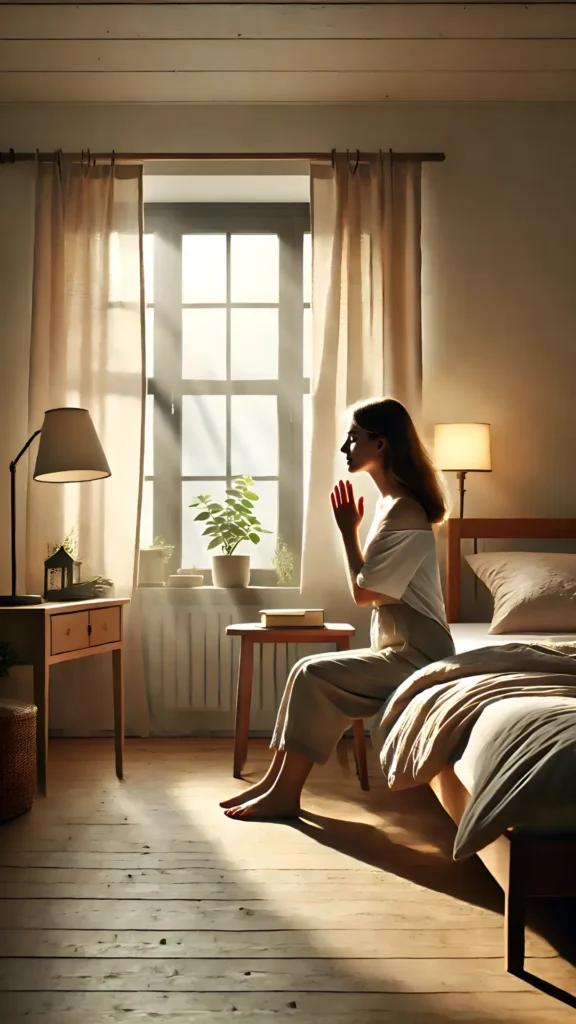 a young woman sitting on the edge of her bed in a softly lit bedroom, starting her morning with a peaceful and mindful routine, surrounded by simple and natural decor that reflects a conscious lifestyle