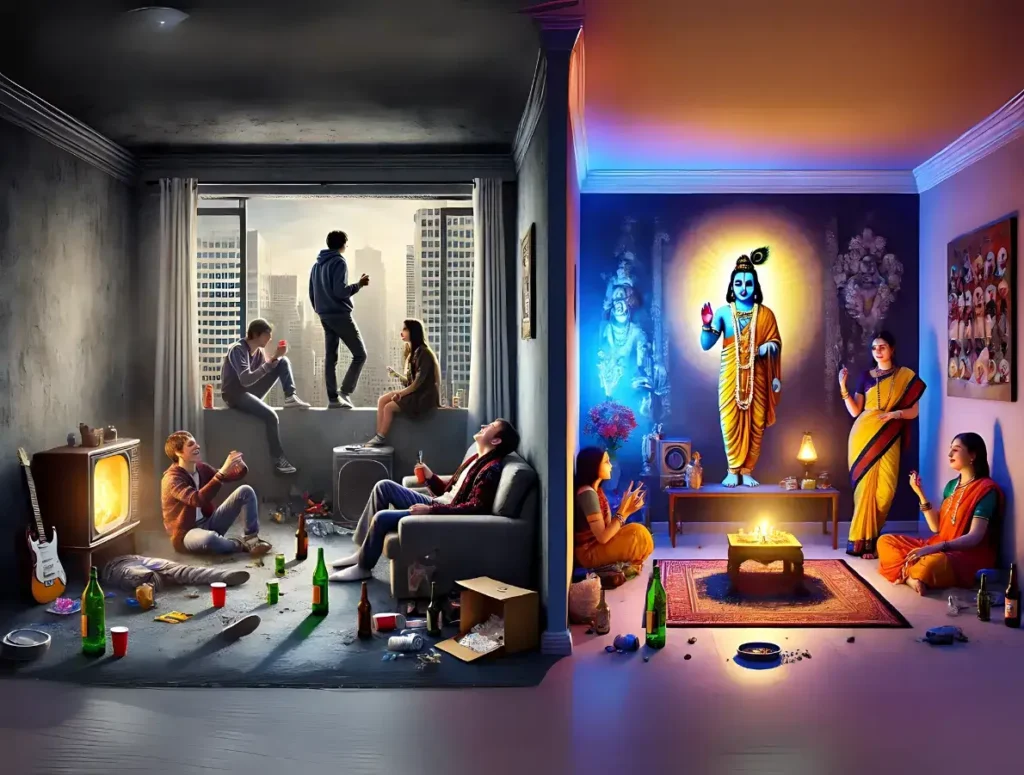 a thought-provoking image contrasting a group of young people partying with drinks and drugs, showcasing artificial joy, against the serene, glowing figure of lord krishna standing by a window, radiating compassion. the scene subtly emphasizes the fleeting nature of indulgent pleasures versus the deeper question of true, attainable happiness through spirituality