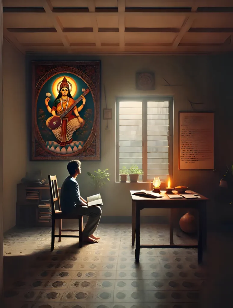 "a serene home setting where a person sits by a window, reflecting thoughtfully with an open book of goddess saraswati, a lit oil lamp, and scattered notes nearby, symbolizing the need for spiritual insight and mental balance in challenging times