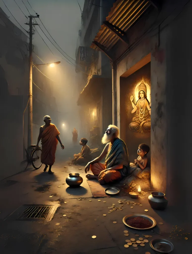 a dimly lit urban street corner showing an impoverished man with a bowl, an elderly person with a cane, and a child with a tattered notebook, while glowing figures of goddess lakshmi symbolize wealth, contentment, and hope amidst life's struggles