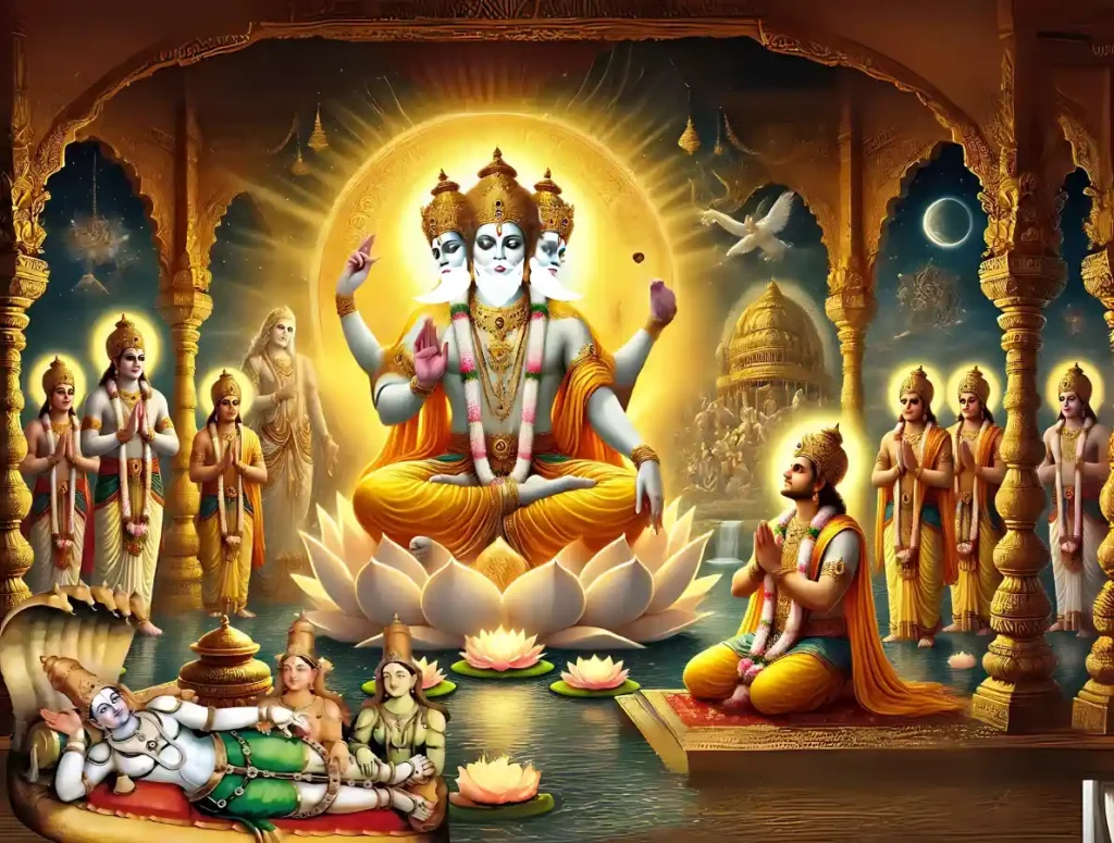 a grand depiction of  ikshavaku bowing in reverence to sri brahma in brahma loka, with a radiant image of lord ranganatha in the background. saffron-clad rishis meditate amidst a celestial setting of glowing gardens, golden pathways, and divine architecture, symbolizing the opulence and spirituality of brahma loka.