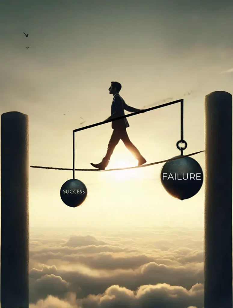 a person walking on a high rope at great height, holding a stick with "success" and "failure" weights on either side, symbolizing the delicate balance between success and failure.