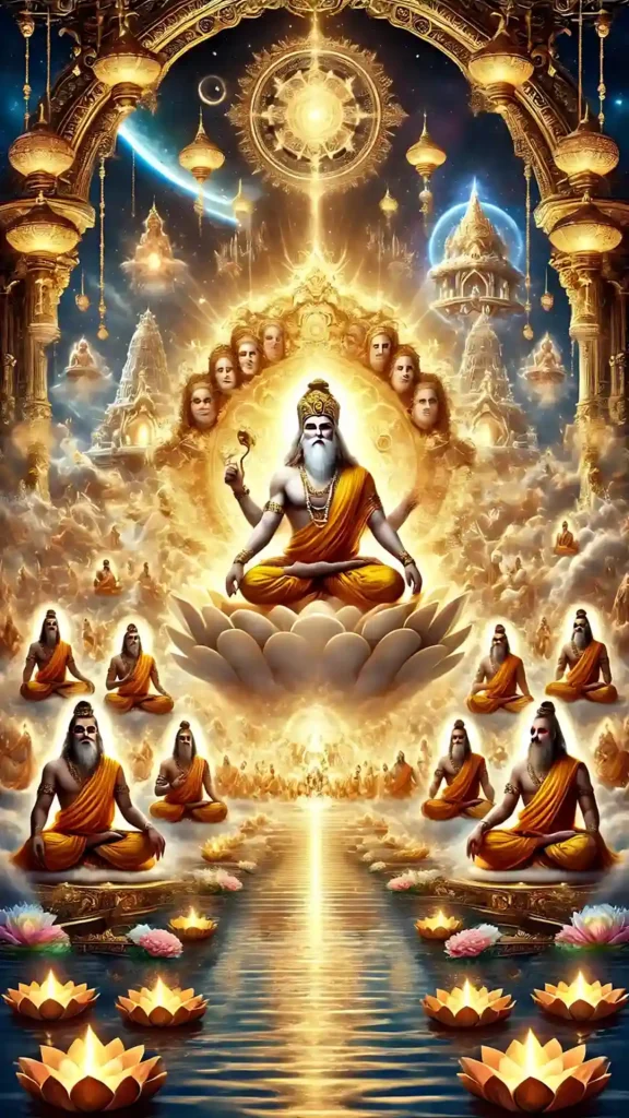 a celestial depiction of brahma loka with the four-headed brahma meditating on a grand lotus seat, surrounded by rishis and sages in saffron vedic robes and loin cloths, amidst a divine landscape of glowing lotus ponds, radiant clouds, and floating temples.