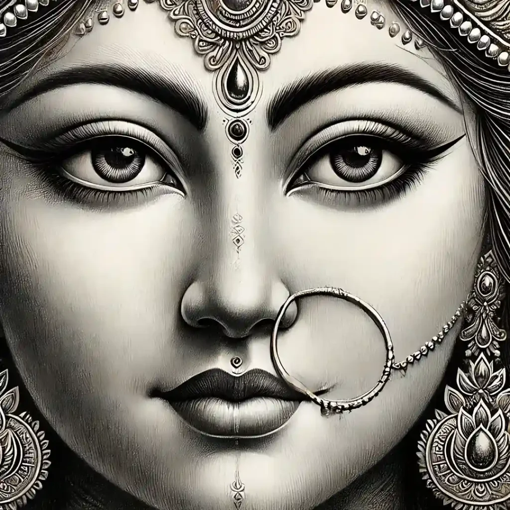 extreme close-up pencil drawing of devi durga's face, featuring intricate details of her expressive eyes, ornate jewelry, and a serene expression in a traditional indian art style.
