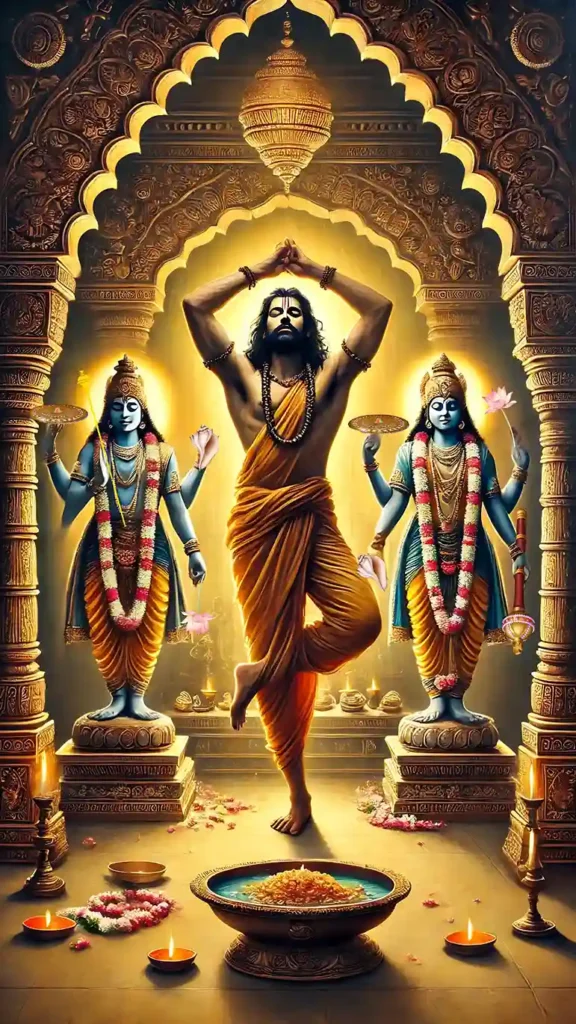 a spiritually intense scene of a dharma verma  with a flowing beard and disheveled hair, standing on one foot with arms raised in deep devotion before the radiant deities of sri rama and vishnu seated on a divine throne amidst glowing lamps and vibrant garlands in a sacred temple setting.