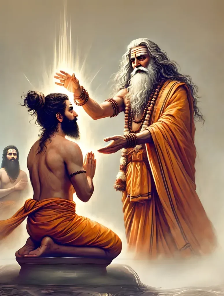 an artistic depiction of a guru bestowing blessings upon a kneeling disciple, symbolizing spiritual guidance and wisdom, with serene expressions and traditional saffron robes