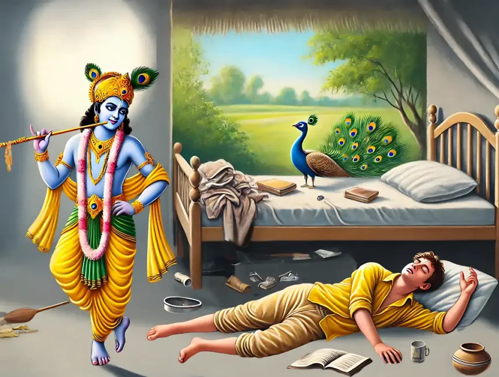 ateaching of bhagavad gita: lord krishna standing with a playful and amused expression, holding his flute, while observing a man sprawled lazily on the ground in a messy setting, surrounded by scattered items, with a serene rural background.