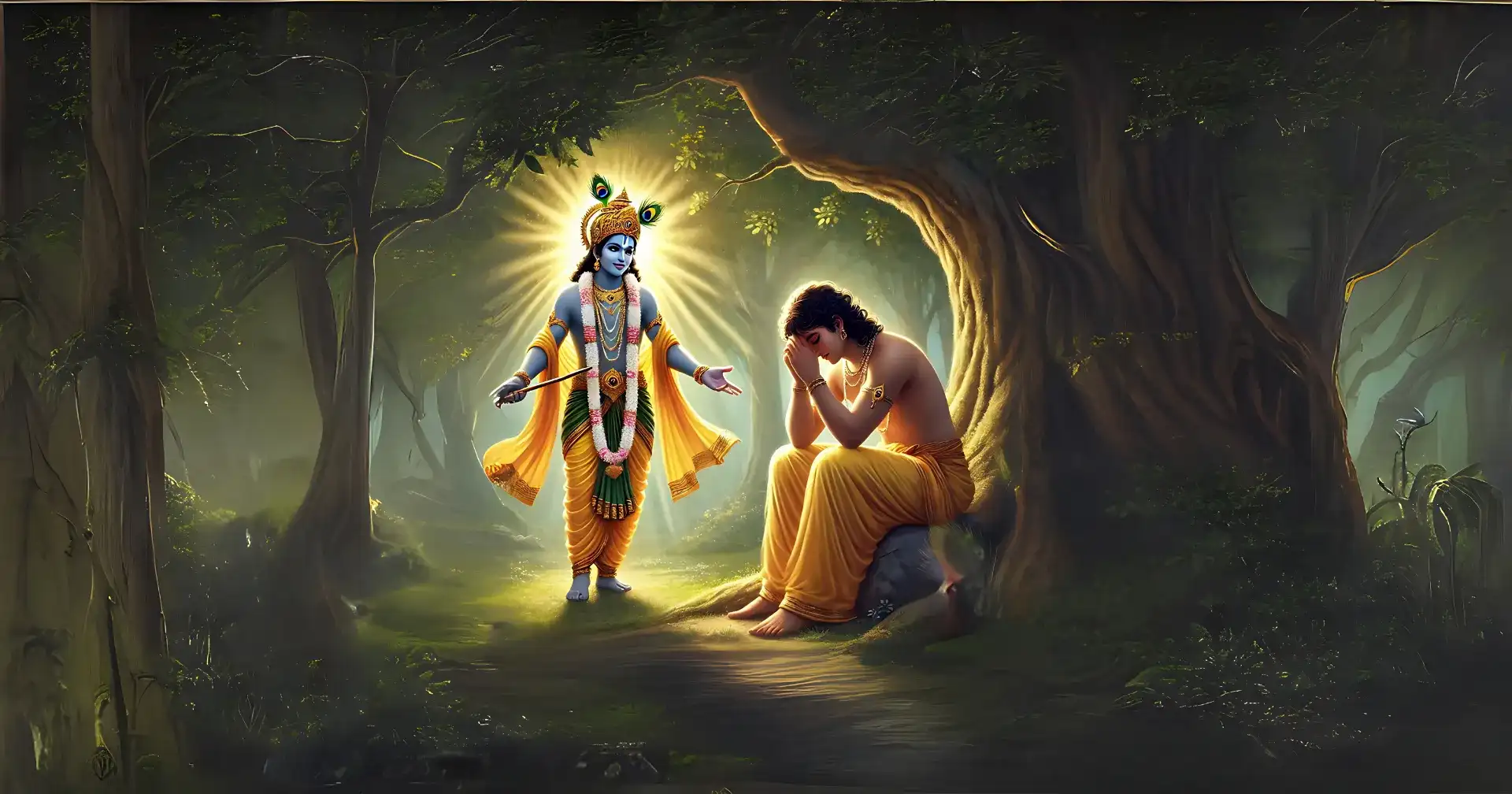 a celestial oil painting of goloka vrindavan, depicting sri krishna and radha surrounded by joyful gopis, gopas, and playful cows amidst a vibrant landscape of lush trees, lotus-filled lakes, and golden light, symbolizing eternal bliss and divine splendor.