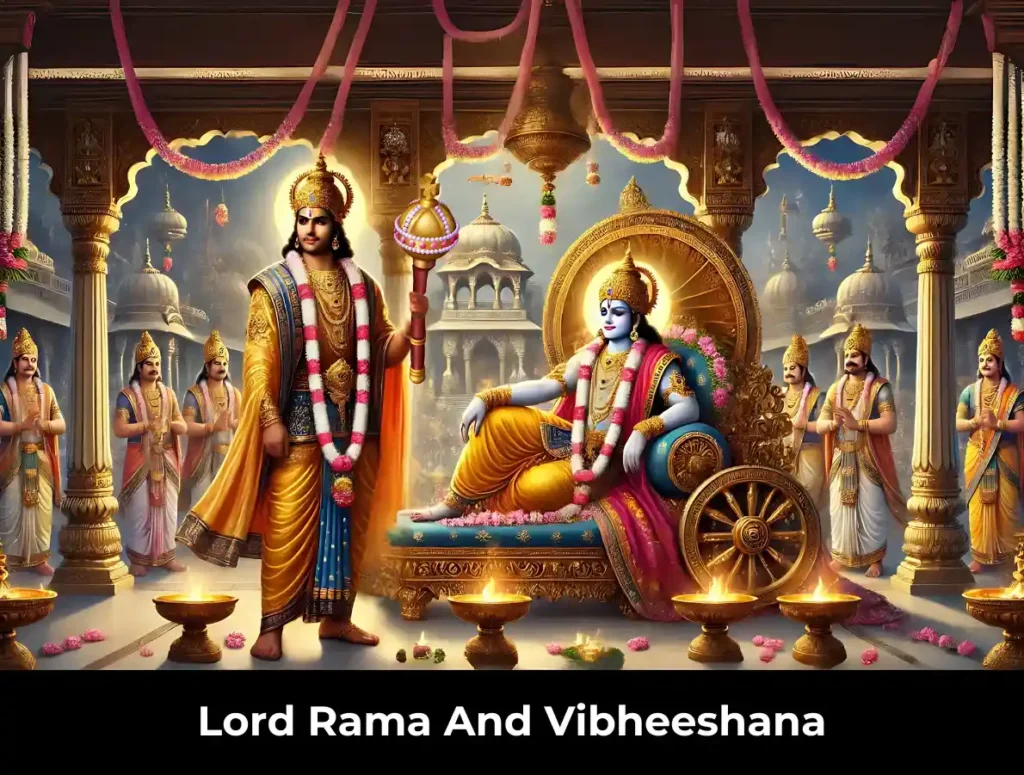 a divine scene in ayodhya where lord rama, adorned in royal attire, stands alongside vibheeshana. both are reverently gazing at lord ranganatha reclining gracefully on the serpent adisesha, surrounded by radiant divine light. the grand worship ceremony features priests performing rituals amidst glowing lamps, vibrant garlands, and sacred offerings. the backdrop showcases ayodhya's majestic palace architecture, lush gardens, and adorned courtyards, exuding an atmosphere of spiritual devotion and opulence.