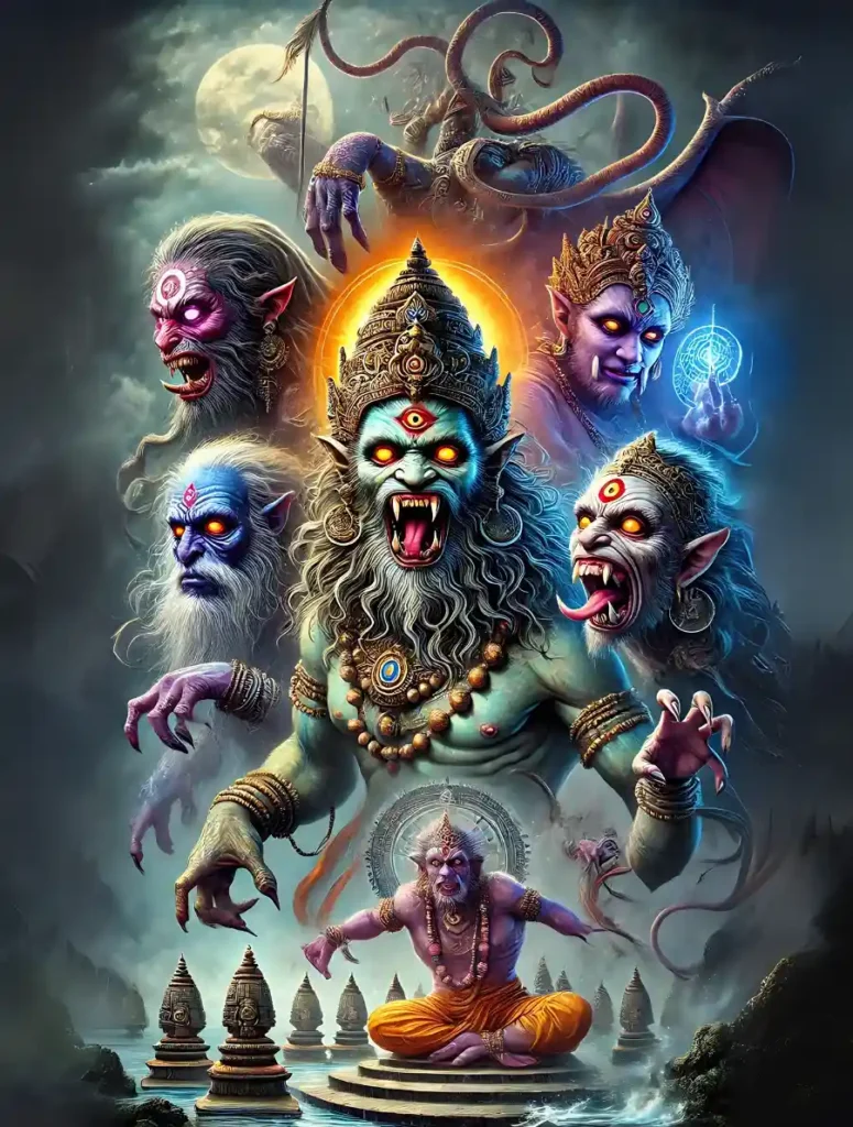 a highly realistic and colorful water painting depicting bhoota, preta, pishacha, rakshasas, and brahma rakshasas—mythical beings from ancient indian folklore. the scene features lifelike details, glowing eyes, sharp claws, and grotesque forms, surrounded by misty forests, ancient temple ruins, and intricate vedic symbols, creating a mystical and ominous atmosphere.