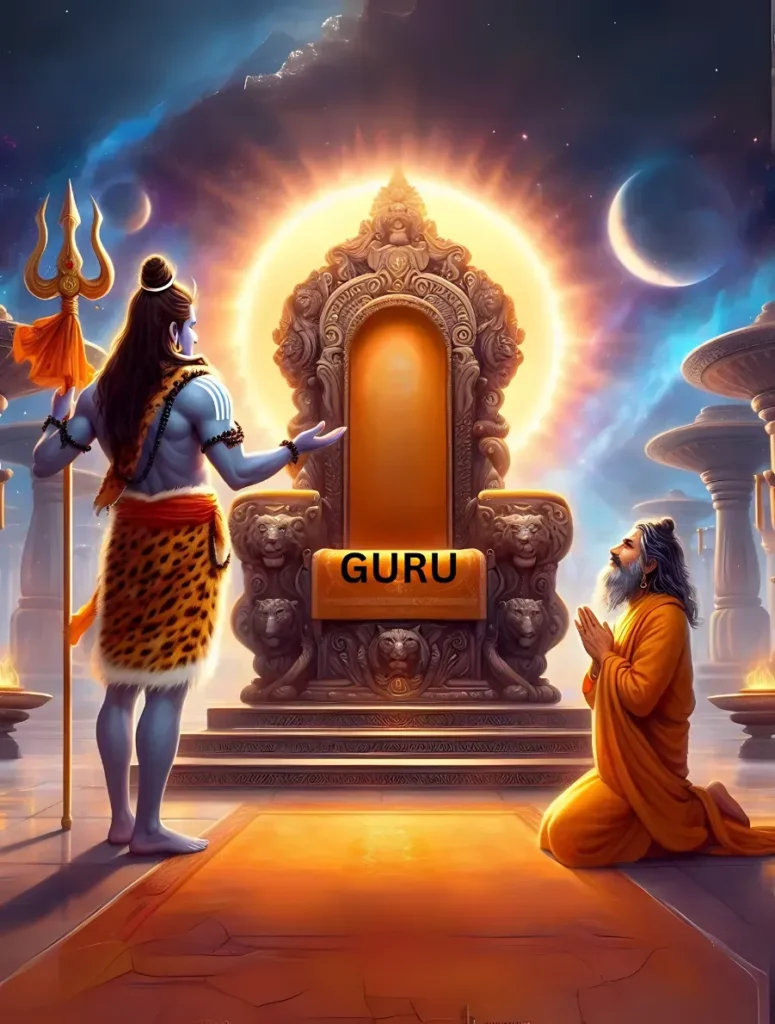 an artistic depiction of lord shiva standing near a grand throne with the word 'guru' embossed on it. the throne is empty, and shiva, adorned with tiger skin and holding a trident, gestures authoritatively towards the throne. a humble sadhu in saffron robes bows before shiva in reverence, as shiva commands him to sit on the throne. the background features a cosmic and divine atmosphere with celestial elements and glowing light.