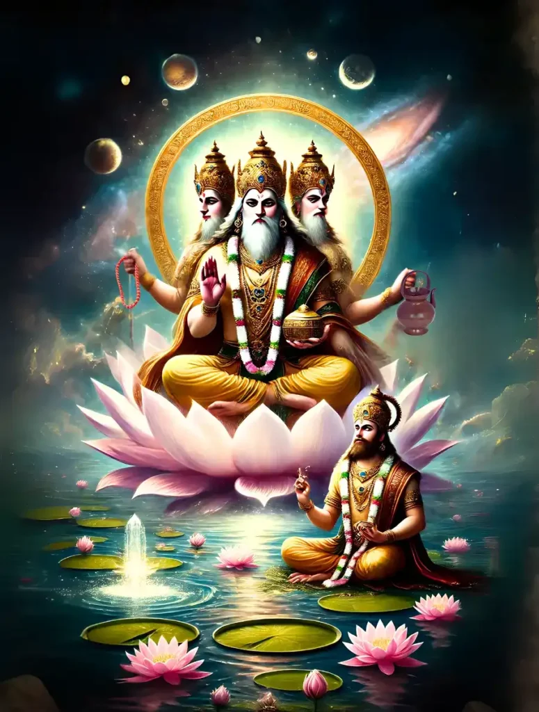 divine depiction of sri brahma, the four-headed creator god, seated on a lotus with shraddha deva manu standing beside him, dressed in royal garments, holding a staff and scriptures, symbolizing dharma and wisdom, against a celestial backdrop.