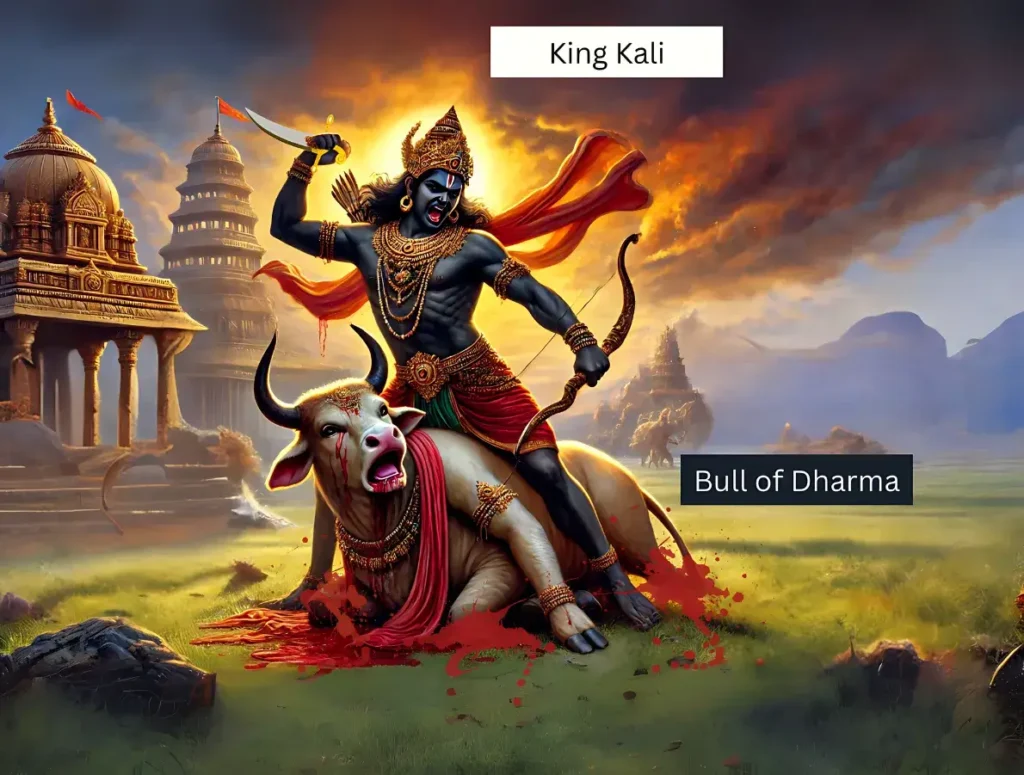 a dark-skinned vedic king in ancient attire beating a wounded bull standing on one leg, with three broken legs