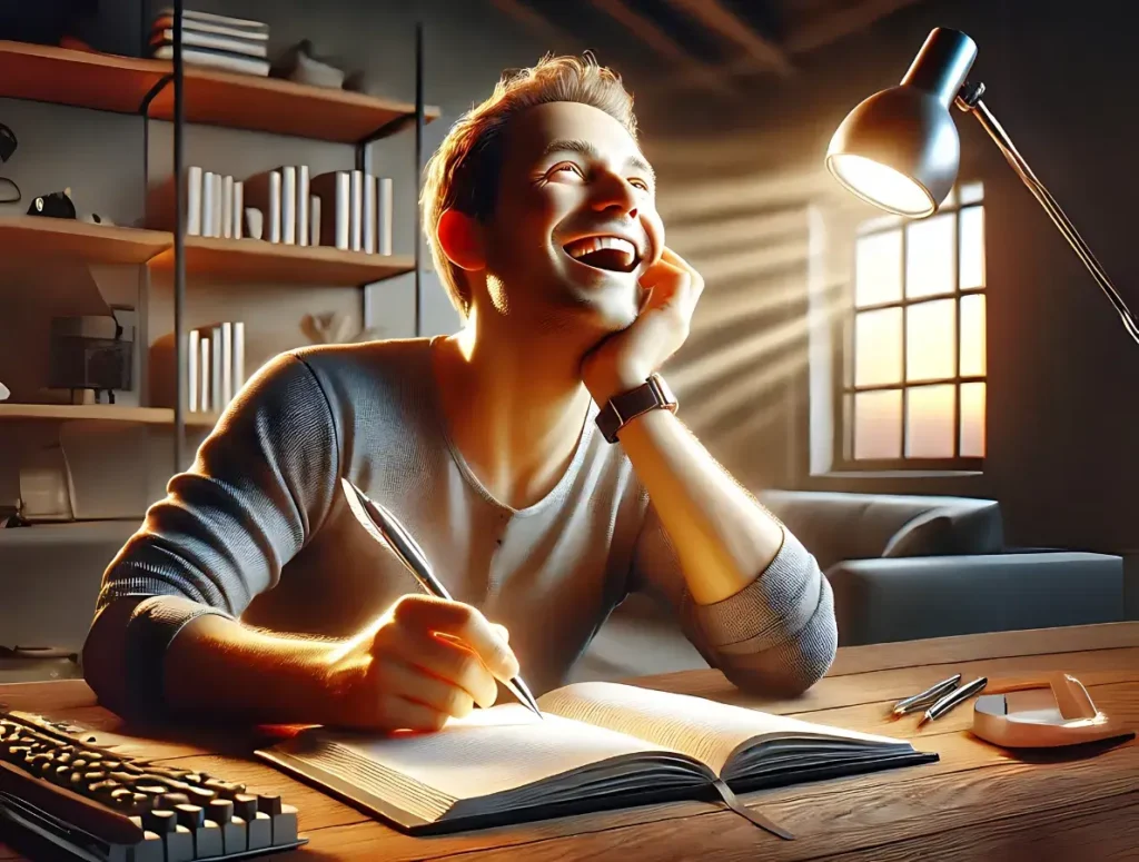  a person joyfully writing with a modern pen at a sleek wooden desk, surrounded by clean stationery and an open notebook, with a radiant smile and glowing expression. the warmly lit room features bookshelves and a serene sunset visible through a nearby window, reflecting their creative passion