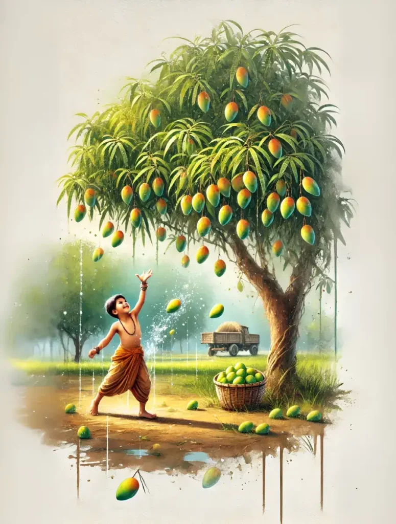 boy throwing stones as a mango tree